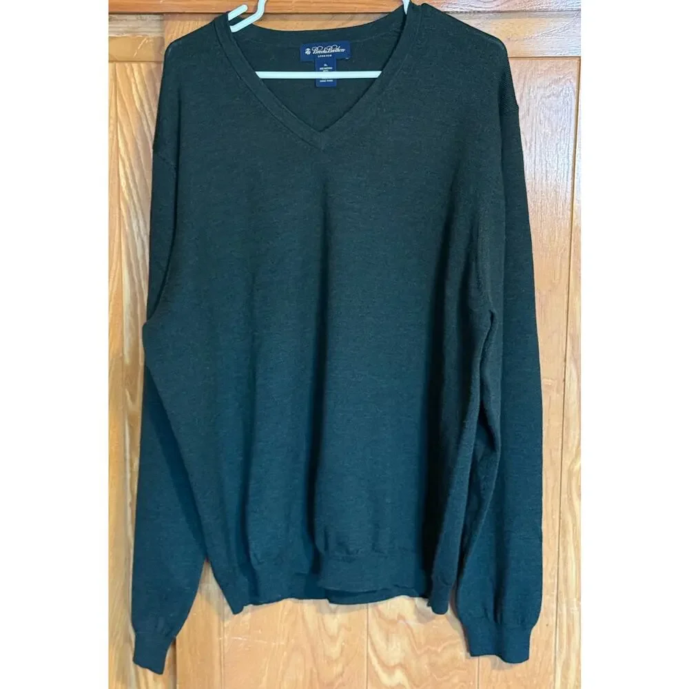 Vintage Brooks Brothers Dark Green Merino Wool V-Neck Sweater - XL